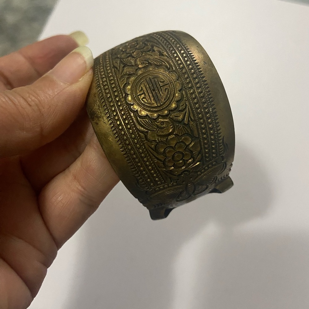 Ornate Embossed Brass Cuff Bracelet - Antique Gold Tone